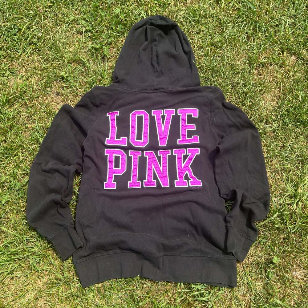 Essential Y2K Victoria's Secret PINK Love Pink Black Full-Zip Hoodie Size M
